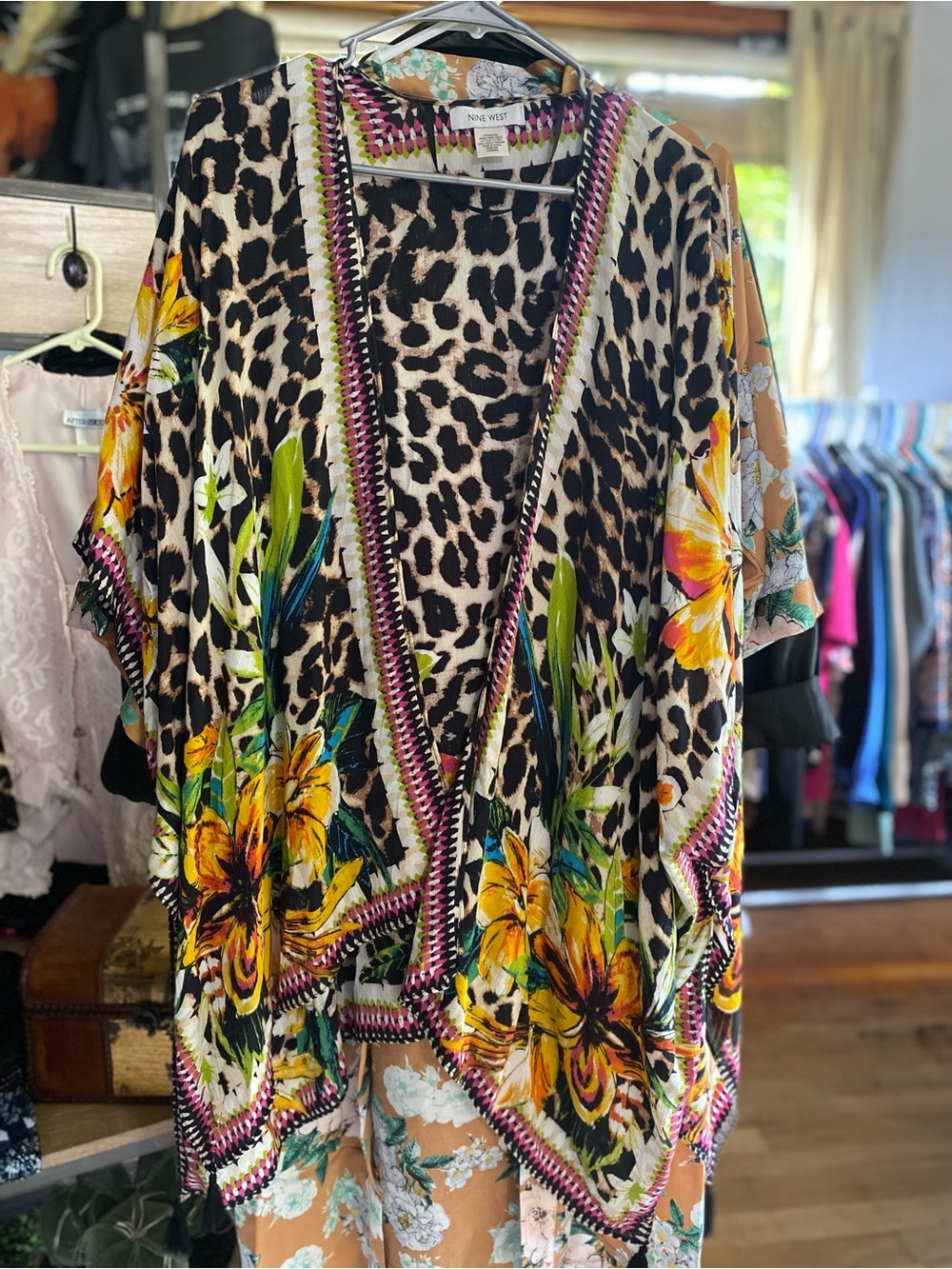 Nine West Leopard & Floral Open-Front Kimono in Black, Yellow & Pink Lilys